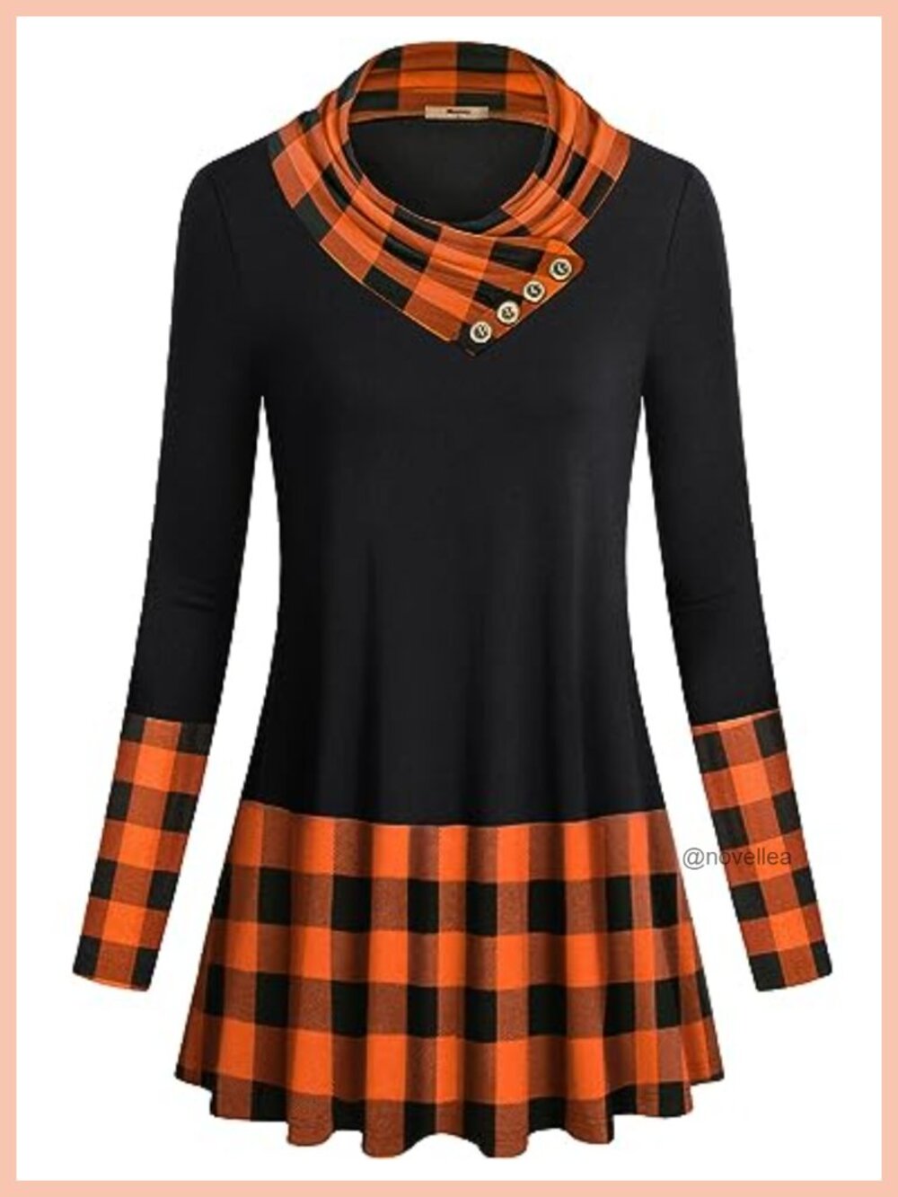 Women's Long Sleeve Cowl Neck Tunic Top Plaid Button